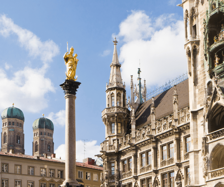 Mariensäule topped by a golden statue of Virgin Mary on Marienplatz, a must-visit place on a getaway to Munich