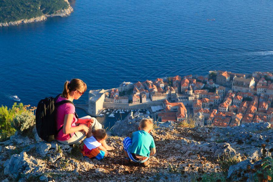 Mum and two children enjoying a bird-eye view of Dubrovnik duuring a family weekend break