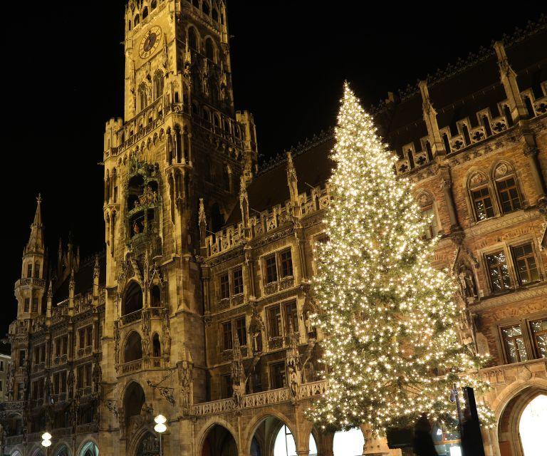A stunning photo of Marienplatz at Christmas. The sight and a beautifully decorated Christmas tree next to it are a must-visit place on a Christmas weekend break to Munich