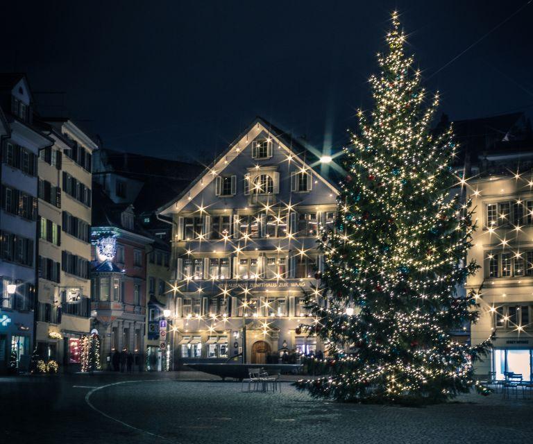 A beautifull Christmas tree on a main Zurich Square, a must-visit place on a christmas break to Zurich