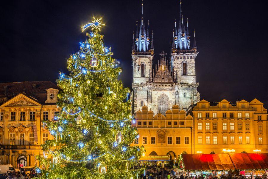 A beautiful picture of the Christmas Tree on the old town square at night with the church of our lady Tyn wonderfully illuminated on the background.