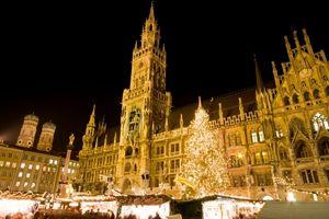A Christmas tree at Marienplatz at night, a must see sight during a Christmas break to Munich
