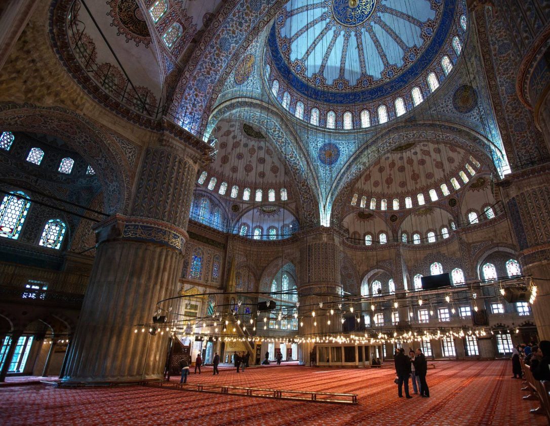 The stunning interiors of The bird-eye view of the grand Blue Mosque, a must-see sight on a luxury break to Istanbul